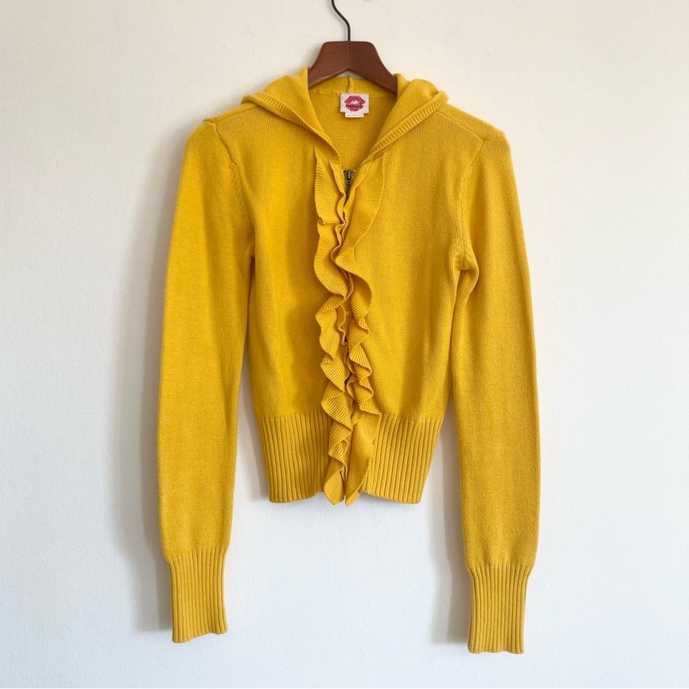Fiorucci Knitted Zip Up Golden Yellow Crochet Detail Sweater Hoodie Size Small